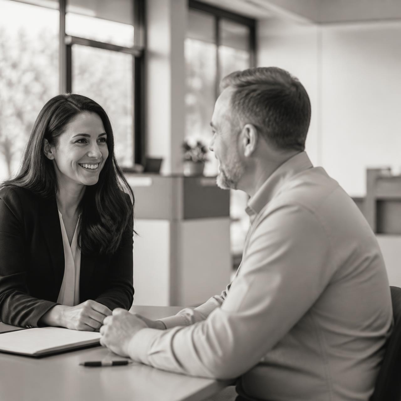 Two marketing professionals in warm conversation at a credit union